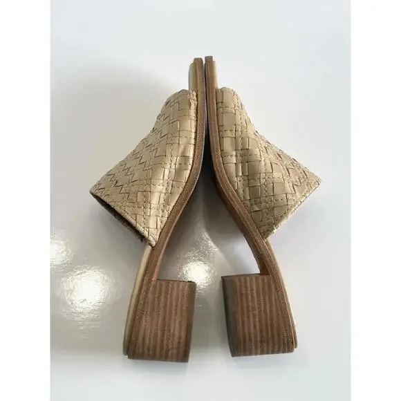 Frye Cindy Mules Women's Size 7.5M Cream Woven Leather Block Heel Slide Sandals - Picture 6 of 16